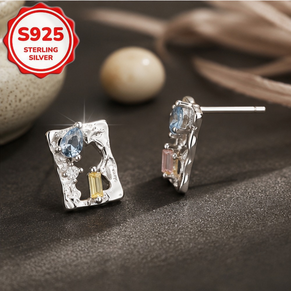 Women's 2pc S925 Silvery Irregular Geometric Square Stud Earrings